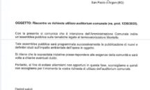 San Paolo d’Argon: il sindaco nega l’auditorium alla minoranza: “Per evitare allarmismi non opportuni”